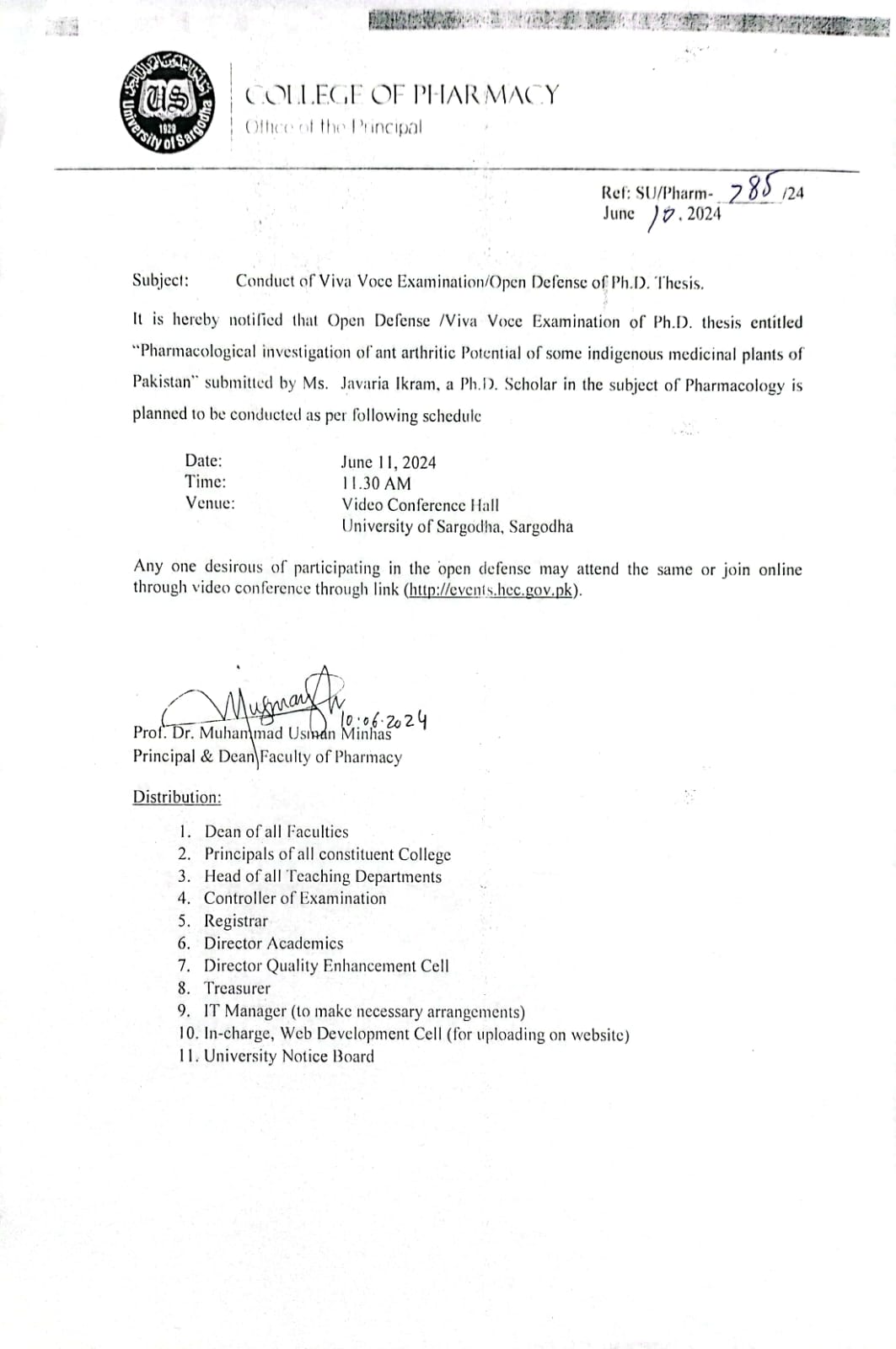 CONDUCT OF VIVA VOCE EXAMINATION/ OPEN DEFENSE OF PHD THESIS (PHARMACY)